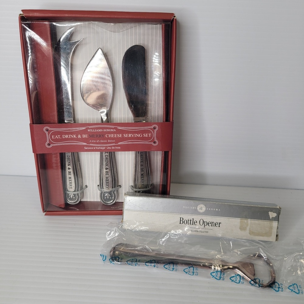 Williams Sonoma Eat, Drink & Be Merry Serving Set w Bottle Opener NEW Old Stock